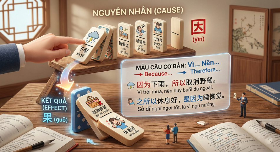 Mẫu câu nguyên nhân kết quả tiếng Trung thường gặp 1 Mẫu câu tiếng Hoa